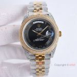 Luxury Replica Rolex Day Date Diamond-Paved Watches in 2-Tone Black Arabic Dial 40mm